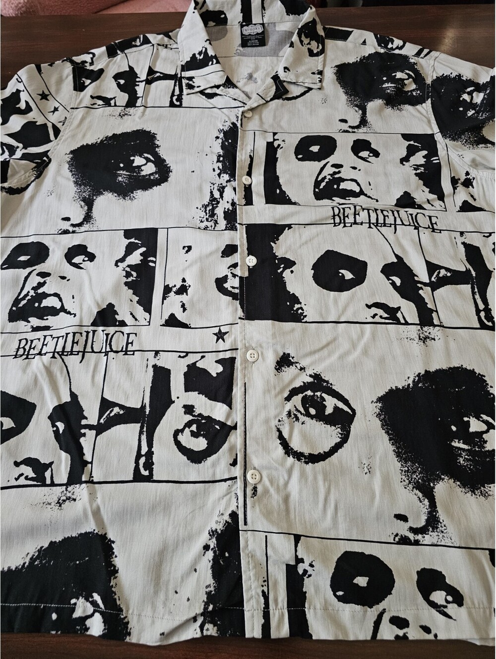 Beetlejuice Button Up Shirt Men XL Black White Graphic Movie Print Rayon Casual